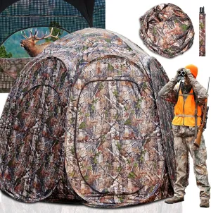 𝟮𝟬𝟮𝟰 𝐔𝐩𝐠𝐫𝐚𝐝𝐞𝐝 See Through Hunting Blind Ground, 3-4 Person Ground Blinds for Deer Hunting, 6-Sided Larger Pop Up Blinds, Camo Tent for Hunting Turkey with Carry Bag 84" x 74" x 78"H