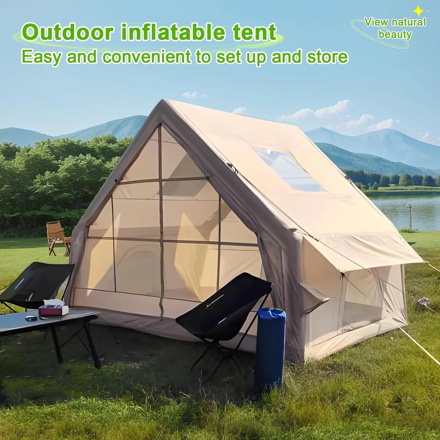 1-6 Person Inflatable Camping Tent, 300x210x210cm Family Camping Tent, Easy to Install Waterproof and Windproof, with Open Windows, Spacious Inflatable Tent
