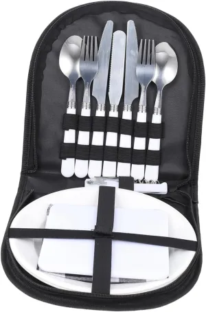 1 Set Portable Stainless Steel Camping Utensils Cutlery Kit with Spoon Fork Plate Cutter Reusable Travel Dining Tools for Picnics Family Gatherings