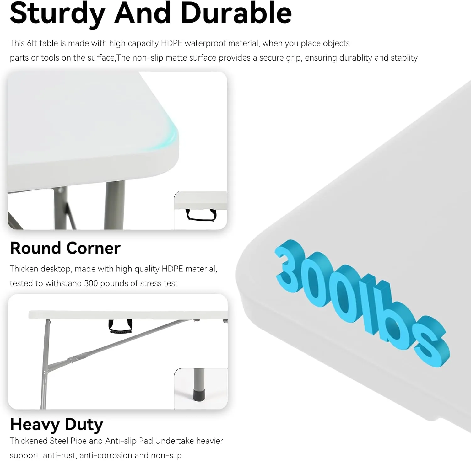 10 Pack of 6 Foot Foldable Table with Built in Handle & Steel Legs ,Heavy Duty Portable ,Perfect for Party, Dining, Wedding, Events, Picnic Indoor, Outdoor, Camping, Utility, Folding(white-10pac)