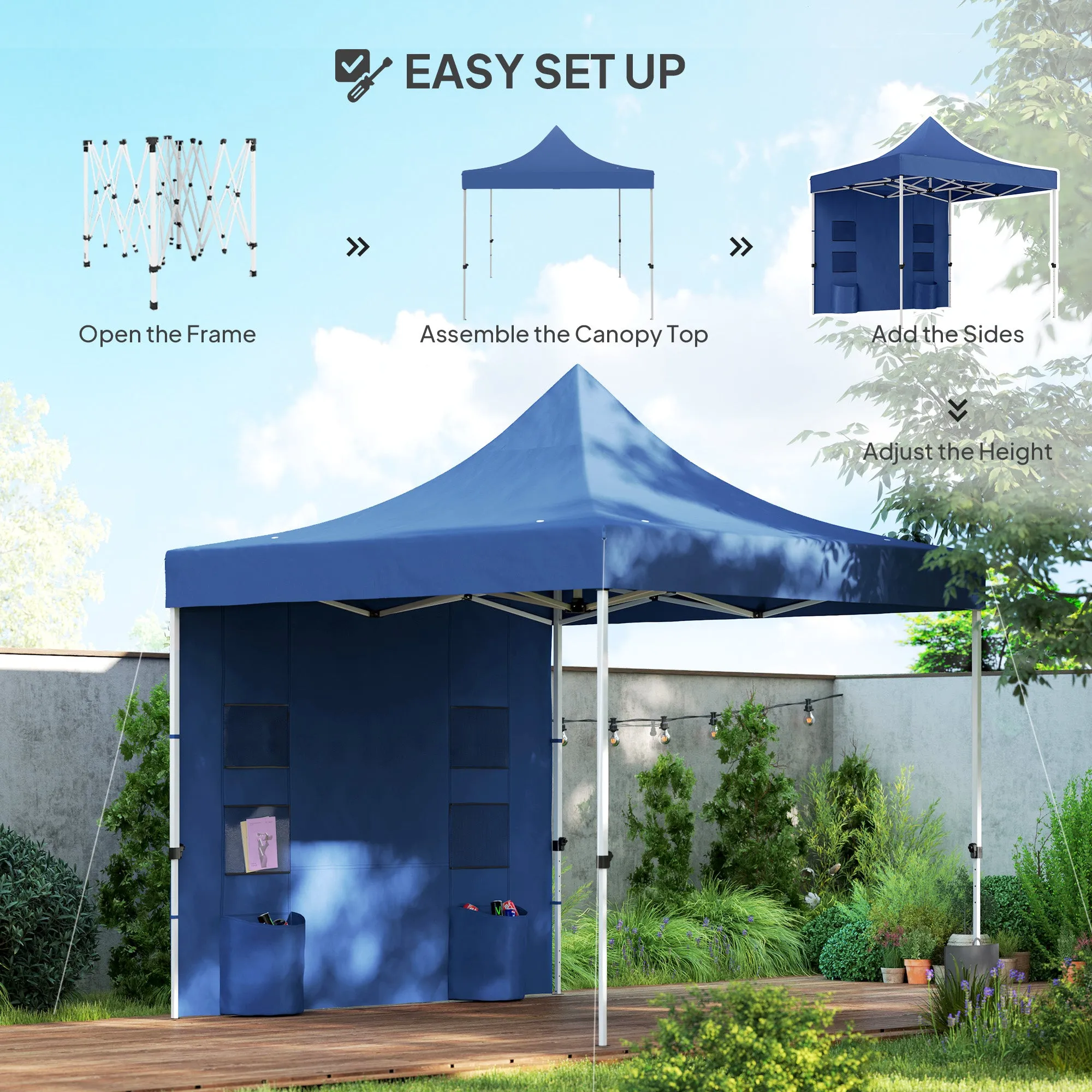 10' x 10' Heavy Duty Pop-Up Canopy Tent with Sidewalls, UPF50  Sun Shelter, Dark Blue