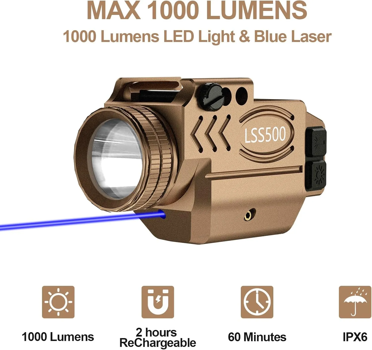 1000 Lumens Pistol Light Blue Laser Combo, Aluminum Tactical Weapon Light with Momentary and Strobe Mode, Magnetic USB Rechargeable and Ambidextrous Button, Fits for Compact Rail Mount