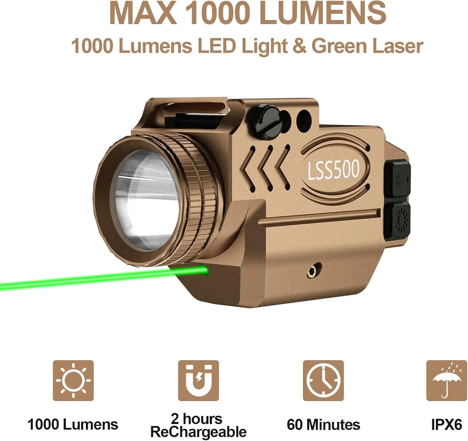 1000 Lumens Pistol Light Green Laser Combo, Aluminum Tactical Weapon Light with Momentary and Strobe Mode, Magnetic USB Rechargeable and Ambidextrous Button, Fits for Compact Rail Mount