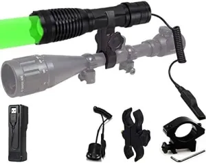 10000 Lumens Super Bright Green LED Lights Hunting Tactical Flashlight Rechargeable 350 Yard Range Adjustable Focus Predator Light for Night Hog Coyote Fox with Scope Mount, Pressure Switch