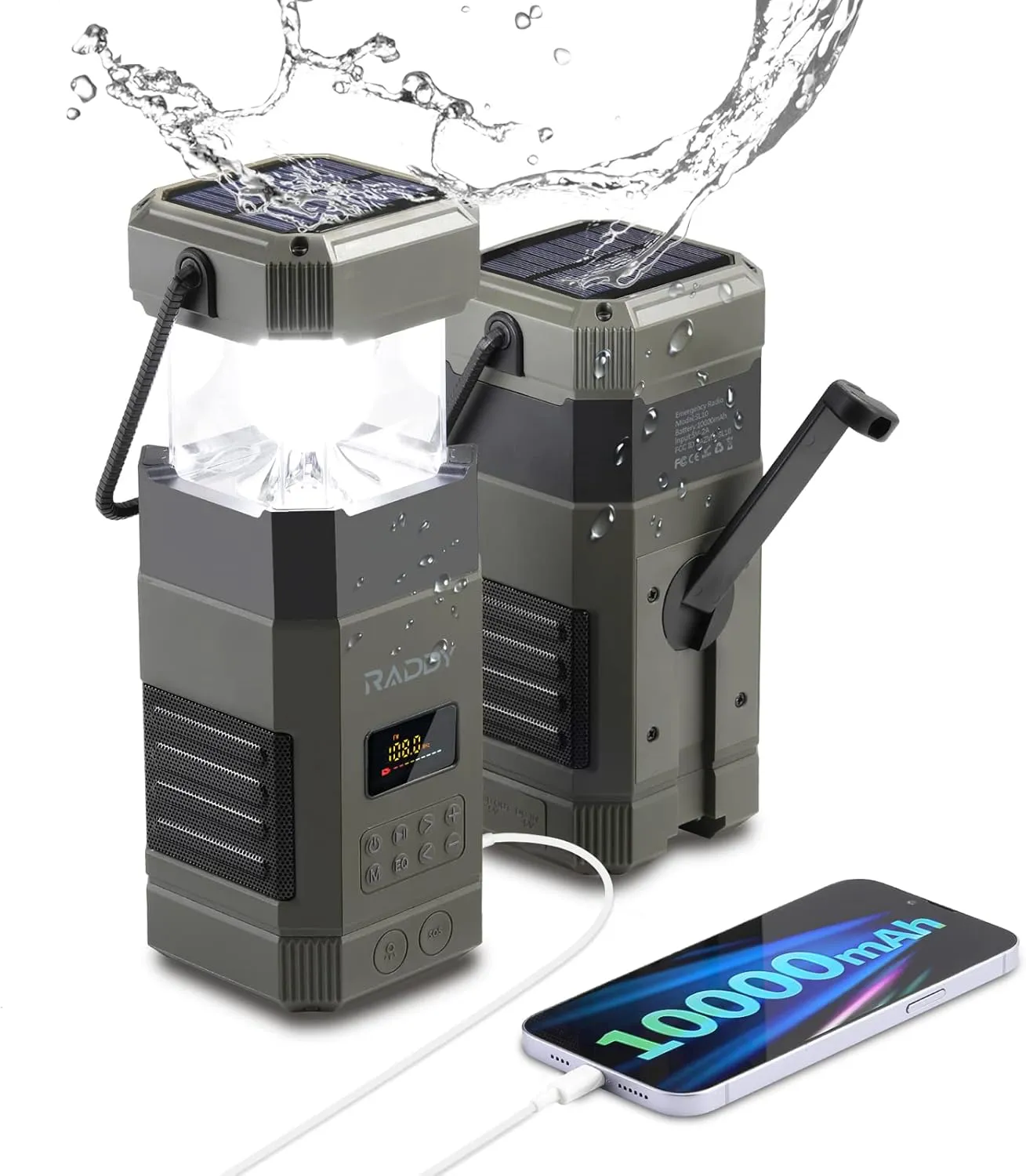 [10000mAh Waterproof] Raddy SL10 Emergency Radio, Hand Crank Solar Camping Lantern, IPX6 Wireless BT Speaker, AM FM NOAA, Flashlight, SOS Alarm for Power Outage Camping