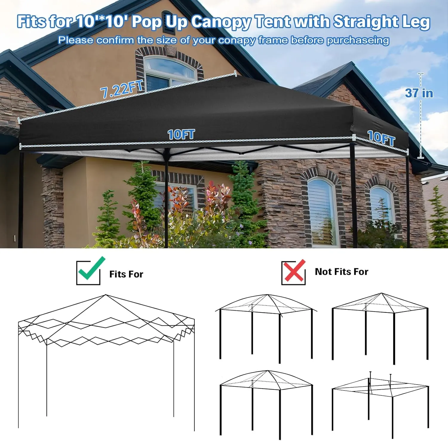 10×10 Canopy Replacement Top, Pop Up Canopy Replacement Tent Cover for Straight Leg Frame, Waterproof Canopy Top Cover for Garden Patio Camping (Top Only)(Black)