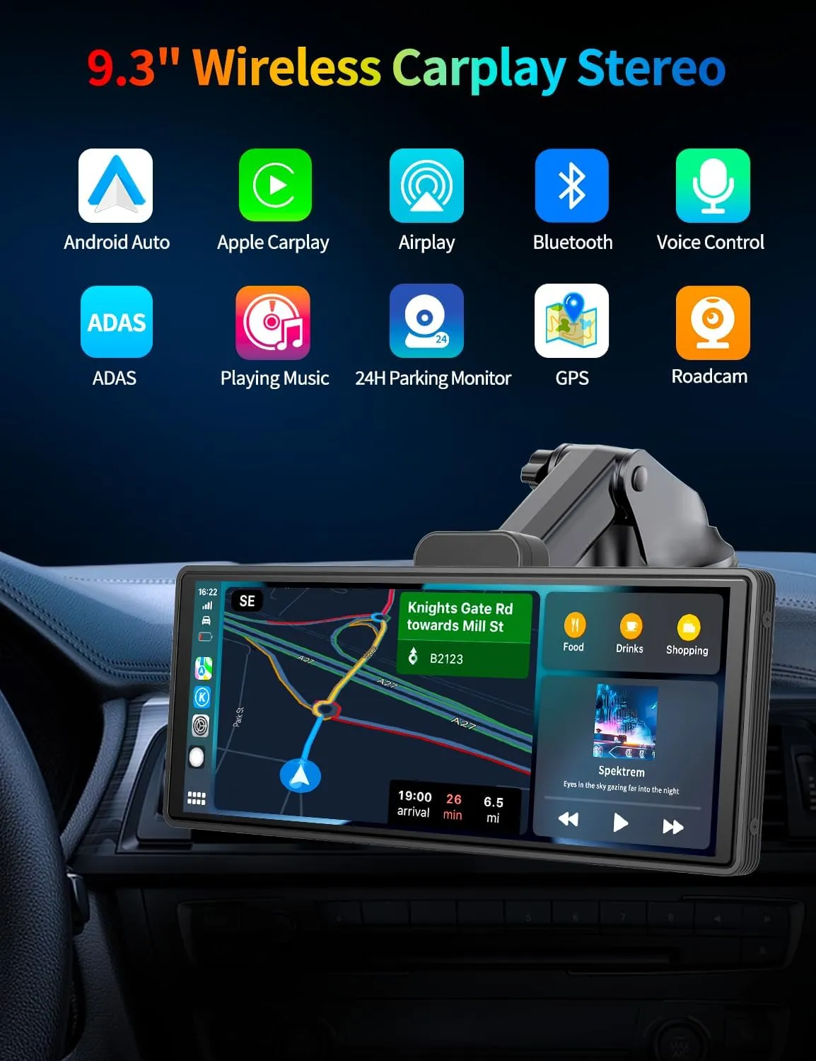 10.26" Apple Carplay Screen for Car, Portable Wireless Carplay & Android Auto with 4K Dash Cam and 1080P Backup Camera, Featured Advanced Driver Assistance System, with GPS Navigation, BT/AUX/FM