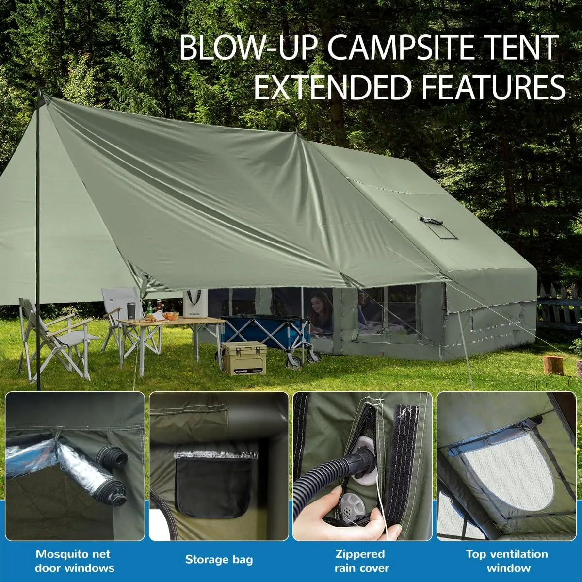 10ft x 7ft x 6.6ft Luxury 4-Season Inflatable Camping Tent with Pump – Waterproof Family Glamping Tent with Mesh Windows, Skylight, Clear Curtains & Canopy for Outdoor Travel & Adventure