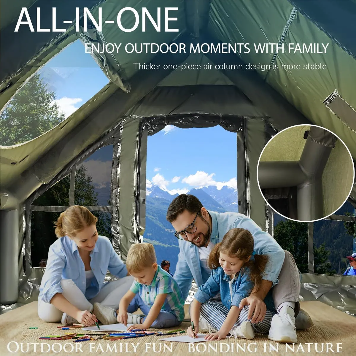 10ft x 7ft x 6.6ft Luxury 4-Season Inflatable Camping Tent with Pump – Waterproof Family Glamping Tent with Mesh Windows, Skylight, Clear Curtains & Canopy for Outdoor Travel & Adventure