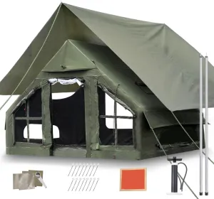 10ft x 7ft x 6.6ft Luxury 4-Season Inflatable Camping Tent with Pump – Waterproof Family Glamping Tent with Mesh Windows, Skylight, Clear Curtains & Canopy for Outdoor Travel & Adventure