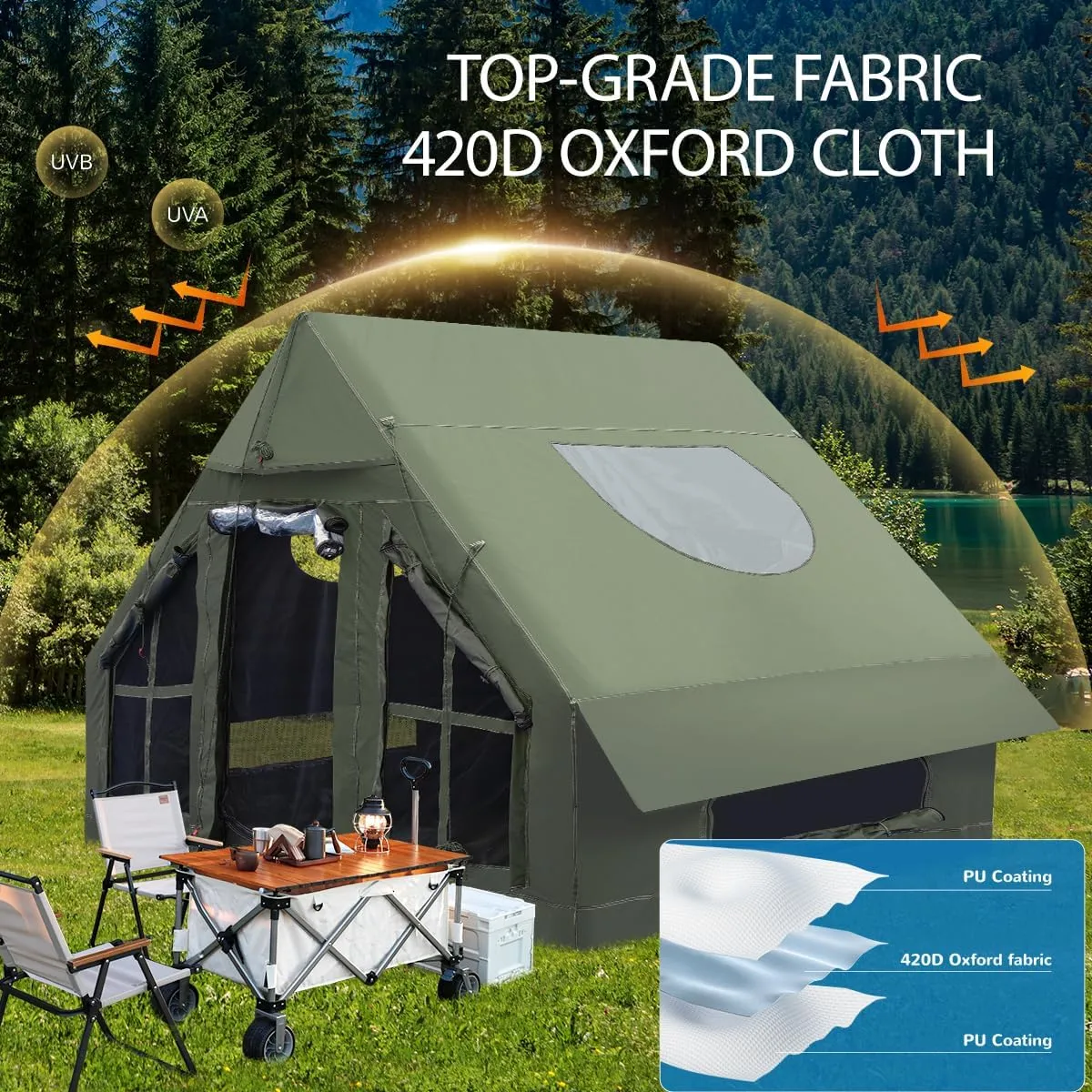 10ft x 7ft x 6.6ft Luxury 4-Season Inflatable Camping Tent with Pump – Waterproof Family Glamping Tent with Mesh Windows, Skylight, Clear Curtains & Canopy for Outdoor Travel & Adventure