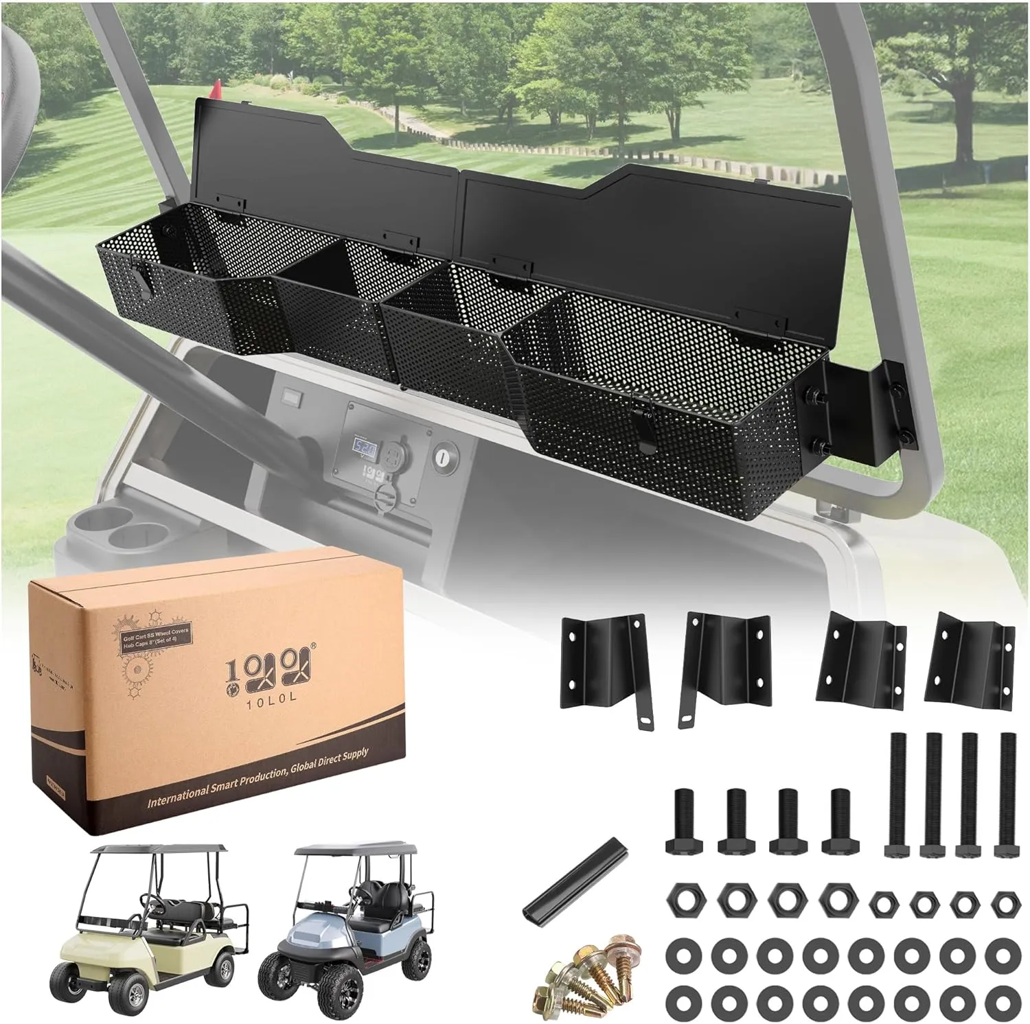 10L0L Golf Cart Front Inner Storage Utility Basket with Cover for 2000-up Club Car DS， Dash Storage Box Tray Organizer