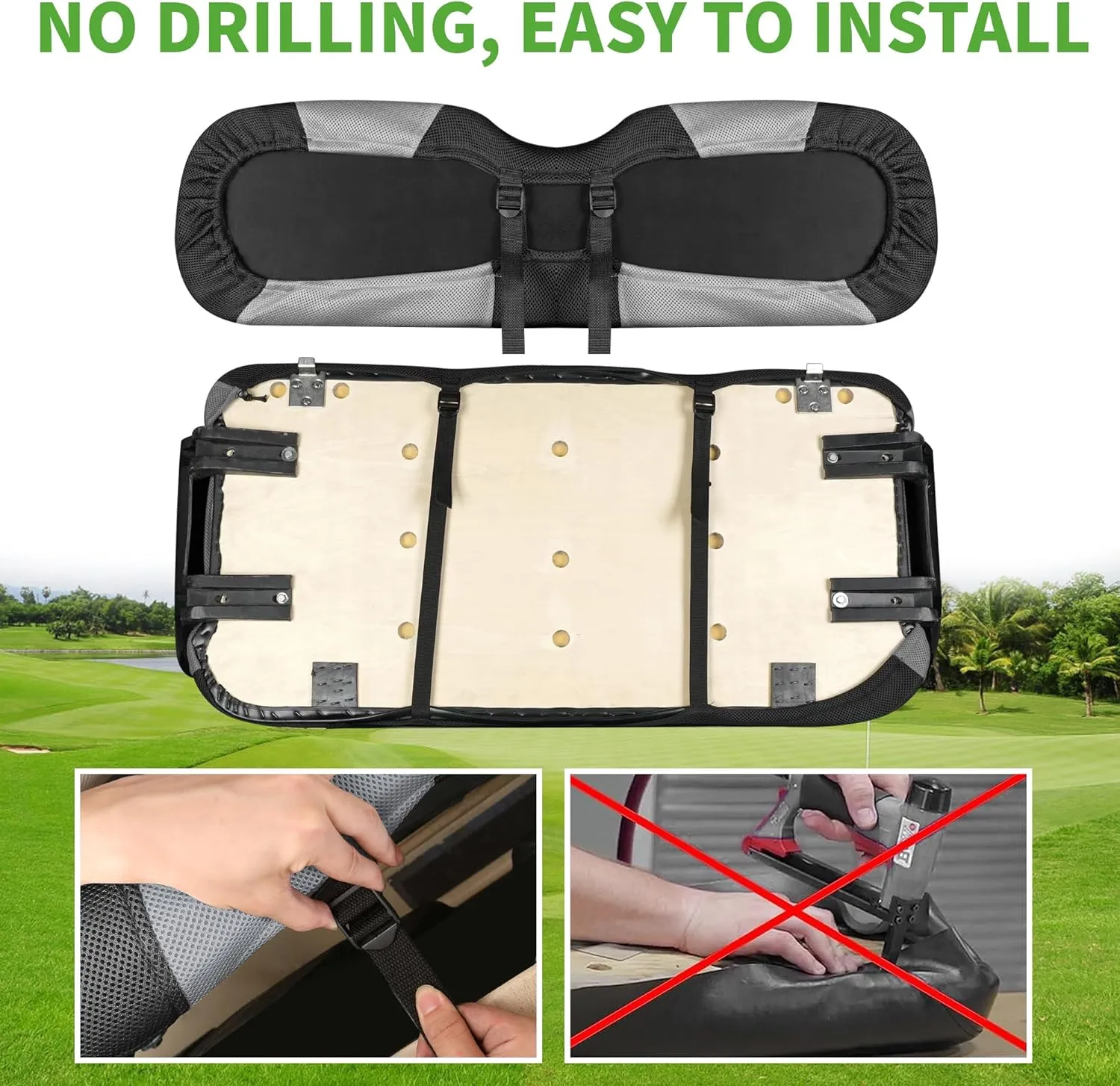 10L0L Golf Cart Seat Covers Kit, for Club Car DS and EZGO TXT RXV Original Front Seat Cushion, Breathable Fabric Material Keep Cool in Summer, No Need to Use Gun Nails