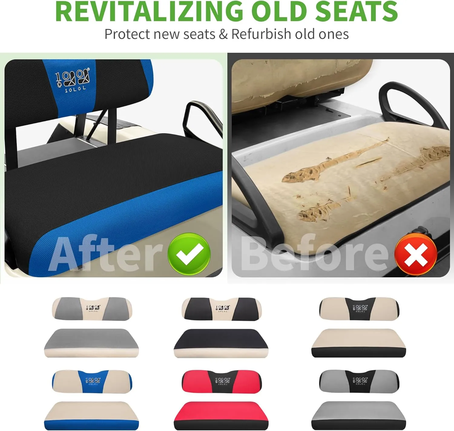 10L0L Golf Cart Seat Covers Kit, for Club Car DS and EZGO TXT RXV Original Front Seat Cushion, Breathable Fabric Material Keep Cool in Summer, No Need to Use Gun Nails
