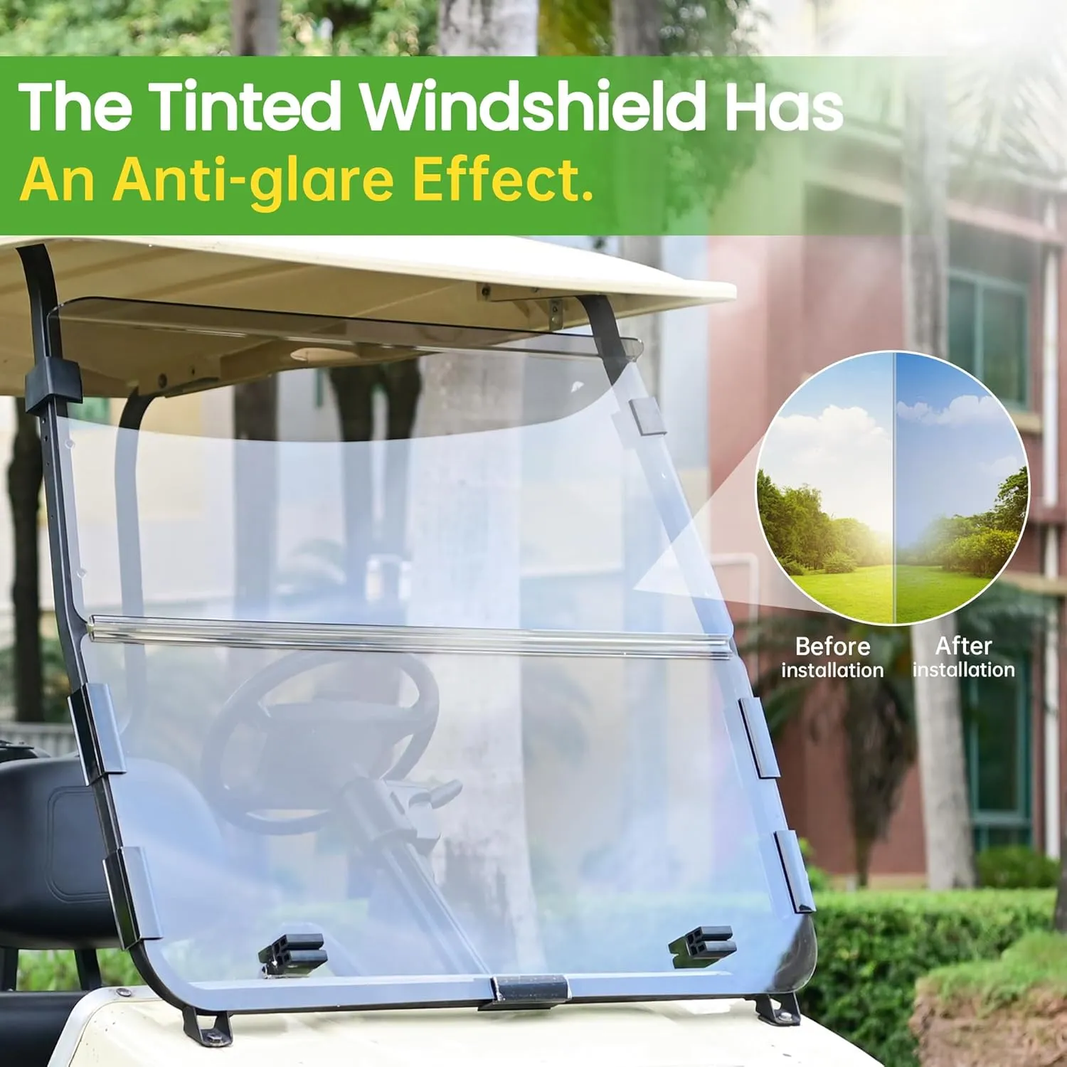 10L0L Golf Cart Windshield for Club Car DS 2000.05-UP | 4mm Thick Tinted Polycarbonate Foldable Shield with Anti-UV Protection & Military-Grade Impact Resistance