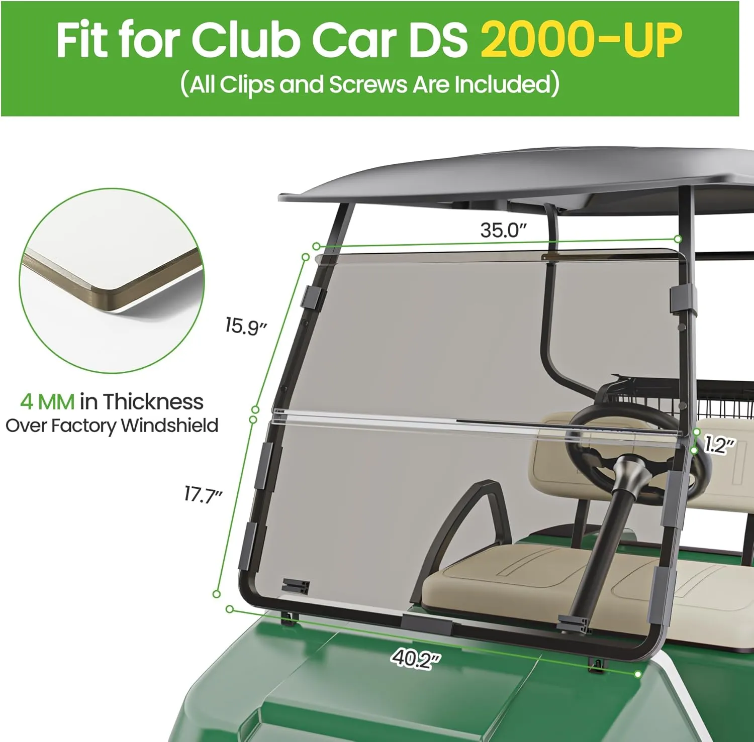 10L0L Golf Cart Windshield for Club Car DS 2000.05-UP | 4mm Thick Tinted Polycarbonate Foldable Shield with Anti-UV Protection & Military-Grade Impact Resistance