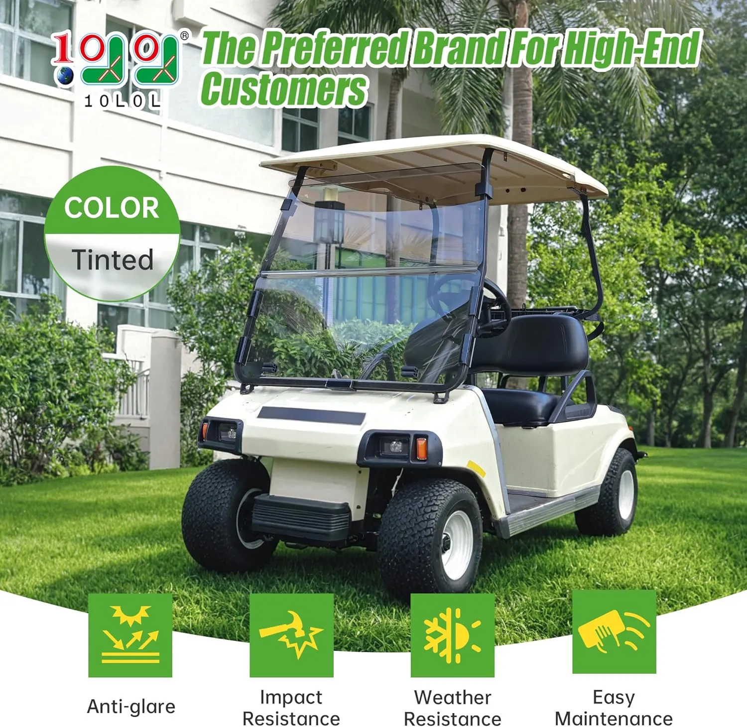 10L0L Golf Cart Windshield for Club Car DS 2000.05-UP | 4mm Thick Tinted Polycarbonate Foldable Shield with Anti-UV Protection & Military-Grade Impact Resistance