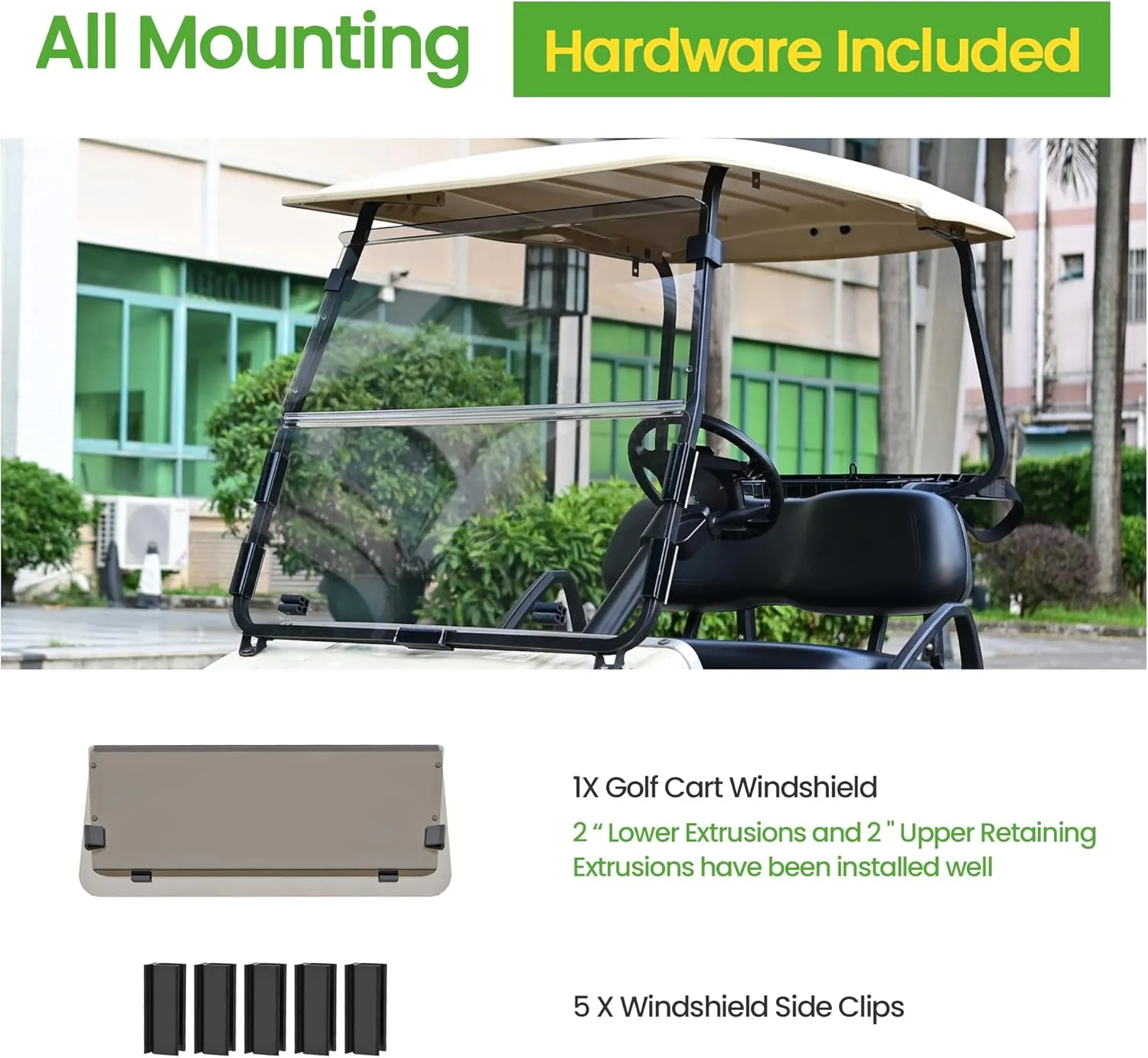 10L0L Golf Cart Windshield for Club Car DS 2000.05-UP | 4mm Thick Tinted Polycarbonate Foldable Shield with Anti-UV Protection & Military-Grade Impact Resistance