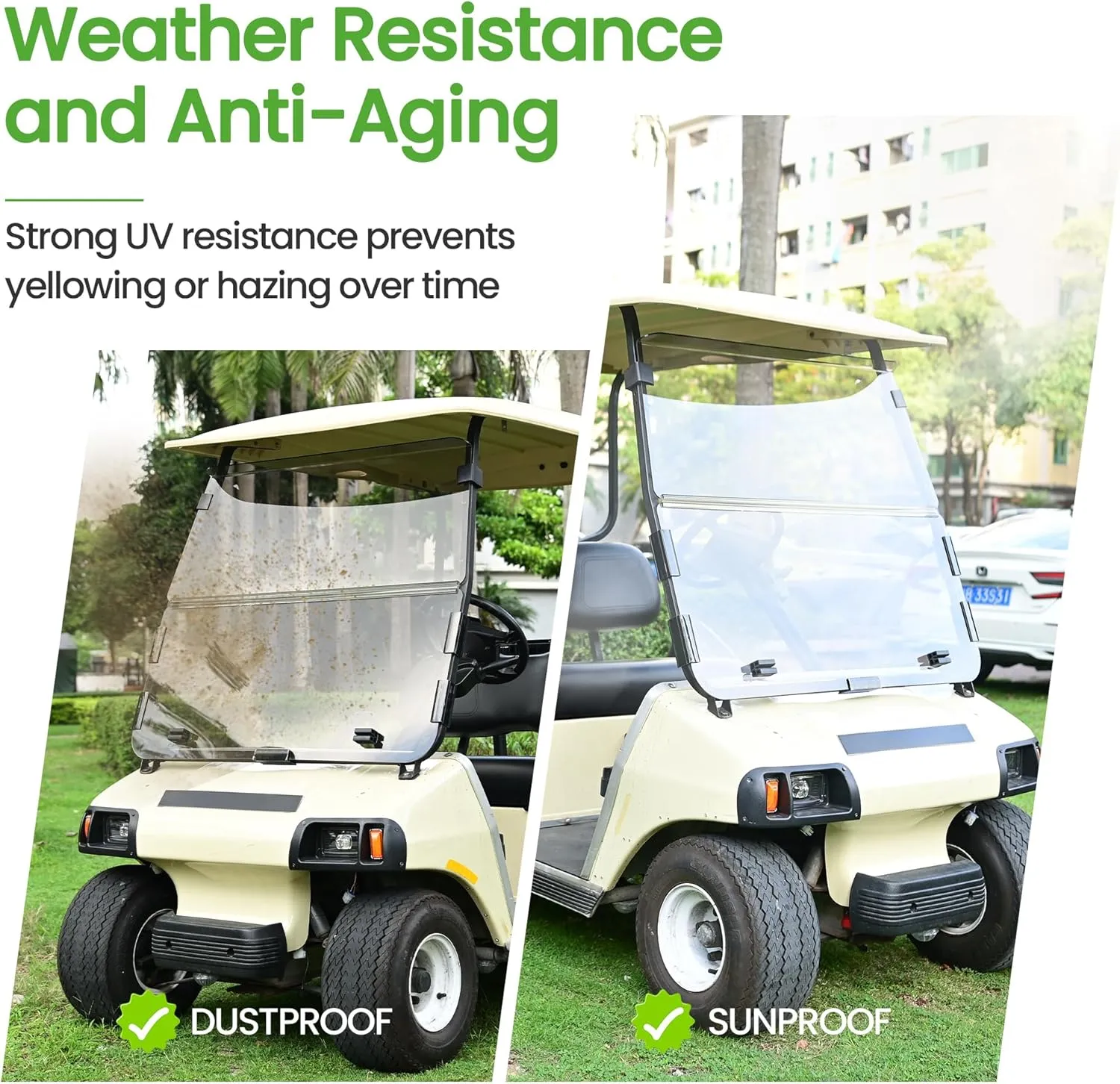 10L0L Golf Cart Windshield for Club Car DS 2000.05-UP | 4mm Thick Tinted Polycarbonate Foldable Shield with Anti-UV Protection & Military-Grade Impact Resistance