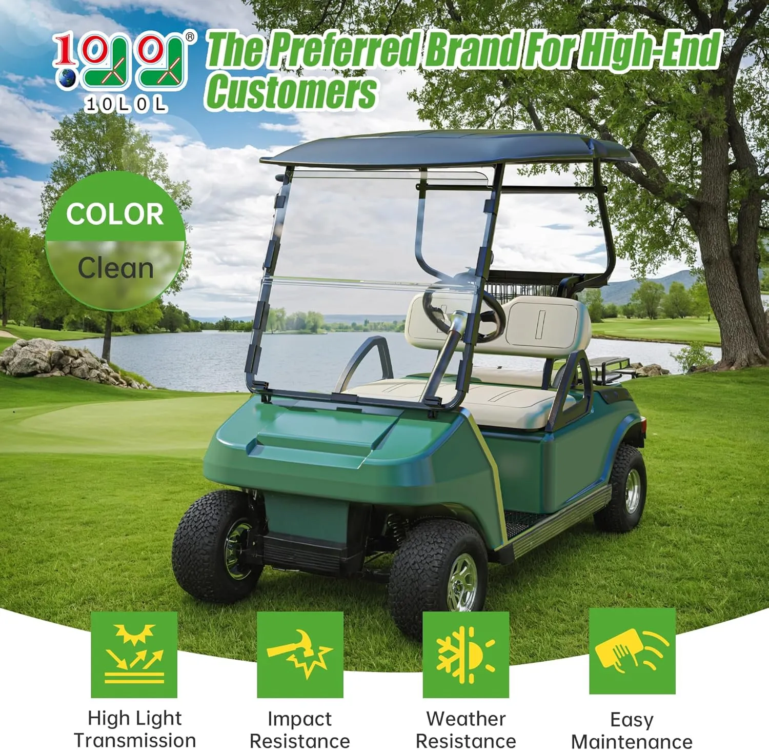 10L0L Golf Cart Windshield for Club Car DS | 4mm Thick Clear/Tinted Polycarbonate Foldable Shield with Anti-UV Protection & Military-Grade Impact Resistance