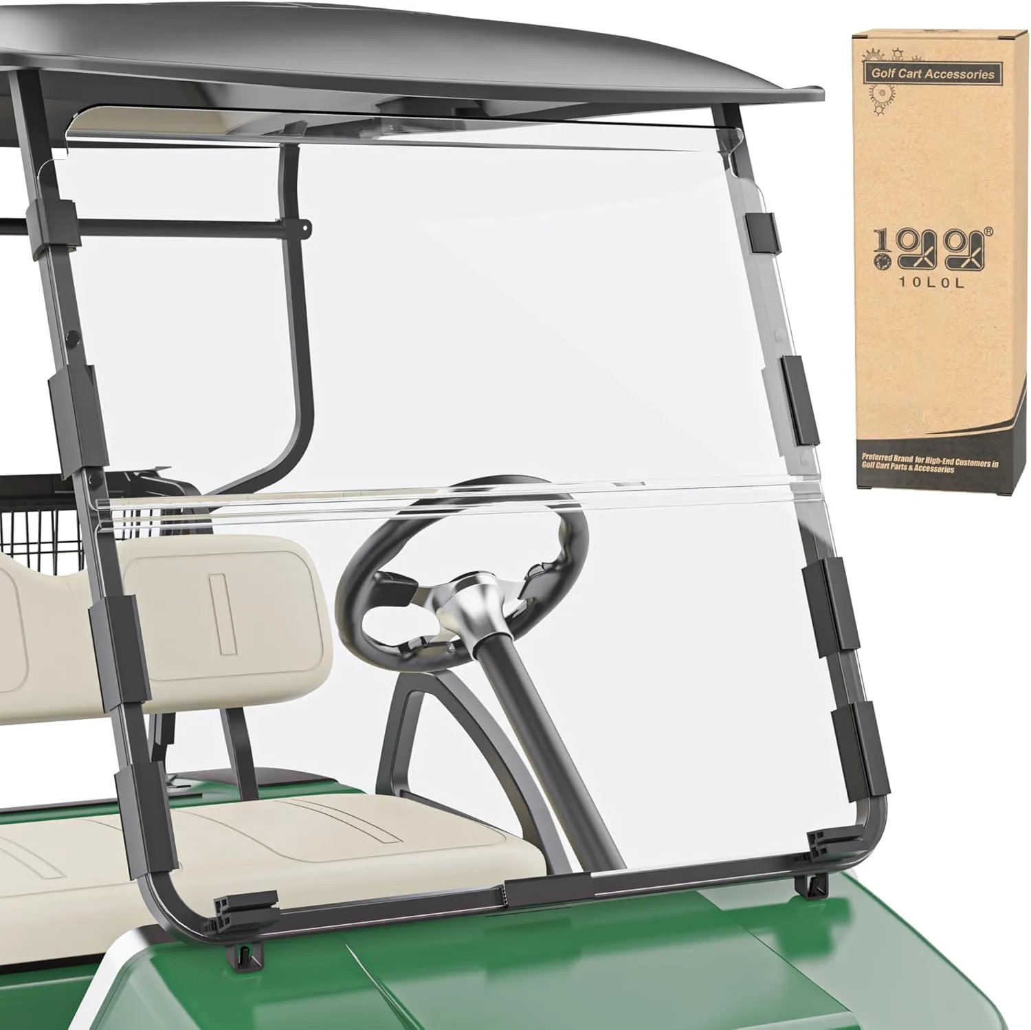 10L0L Golf Cart Windshield for Club Car DS | 4mm Thick Clear/Tinted Polycarbonate Foldable Shield with Anti-UV Protection & Military-Grade Impact Resistance