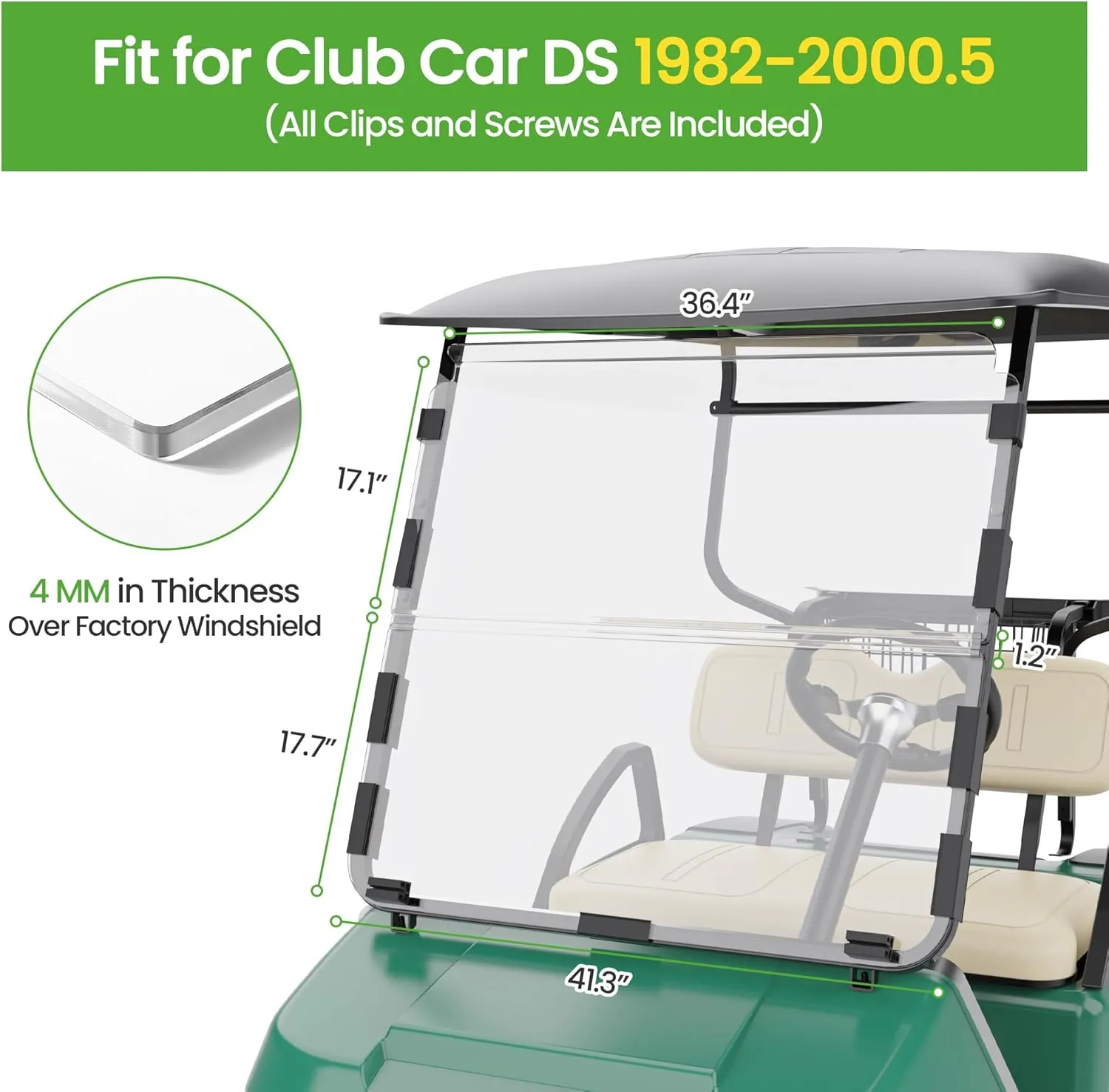 10L0L Golf Cart Windshield for Club Car DS | 4mm Thick Clear/Tinted Polycarbonate Foldable Shield with Anti-UV Protection & Military-Grade Impact Resistance
