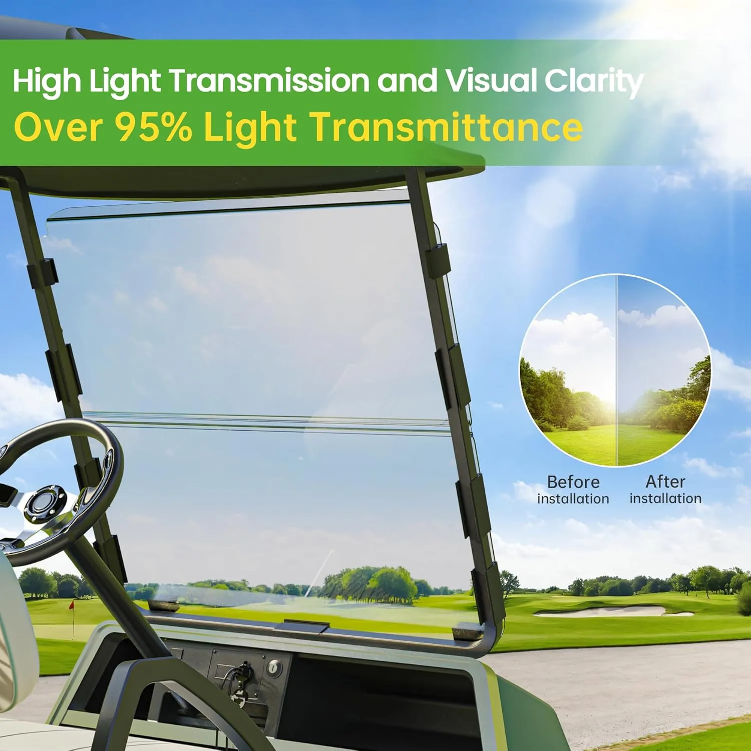 10L0L Golf Cart Windshield for Club Car DS | 4mm Thick Clear/Tinted Polycarbonate Foldable Shield with Anti-UV Protection & Military-Grade Impact Resistance