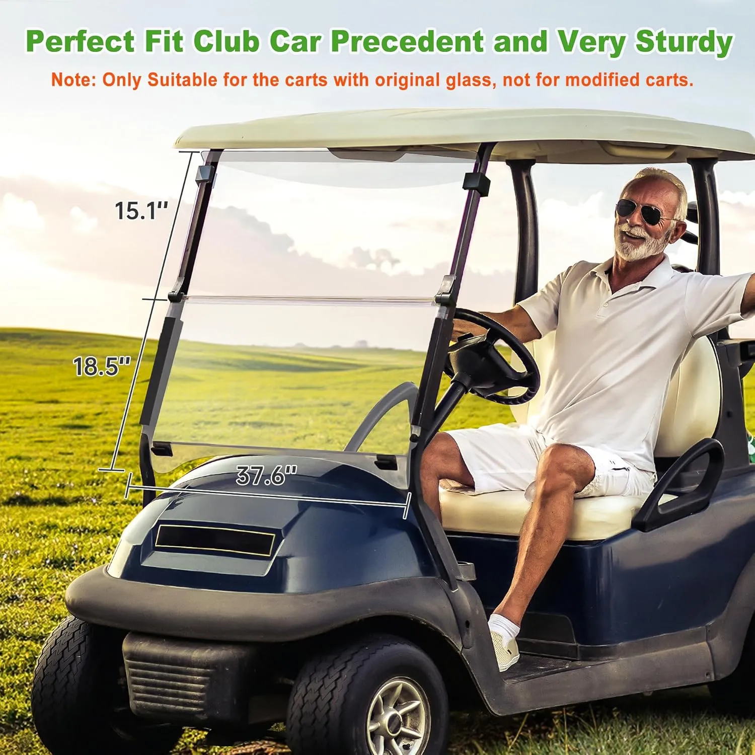 10L0L Golf Cart Windshield for Club Car Precedent 2004-Up, Tempo, 2017-Up Onward, Clear/Tinted Fold Down Club Car Windshield Anti-UV Impact Resistant - 37.5"W X 33.6"H
