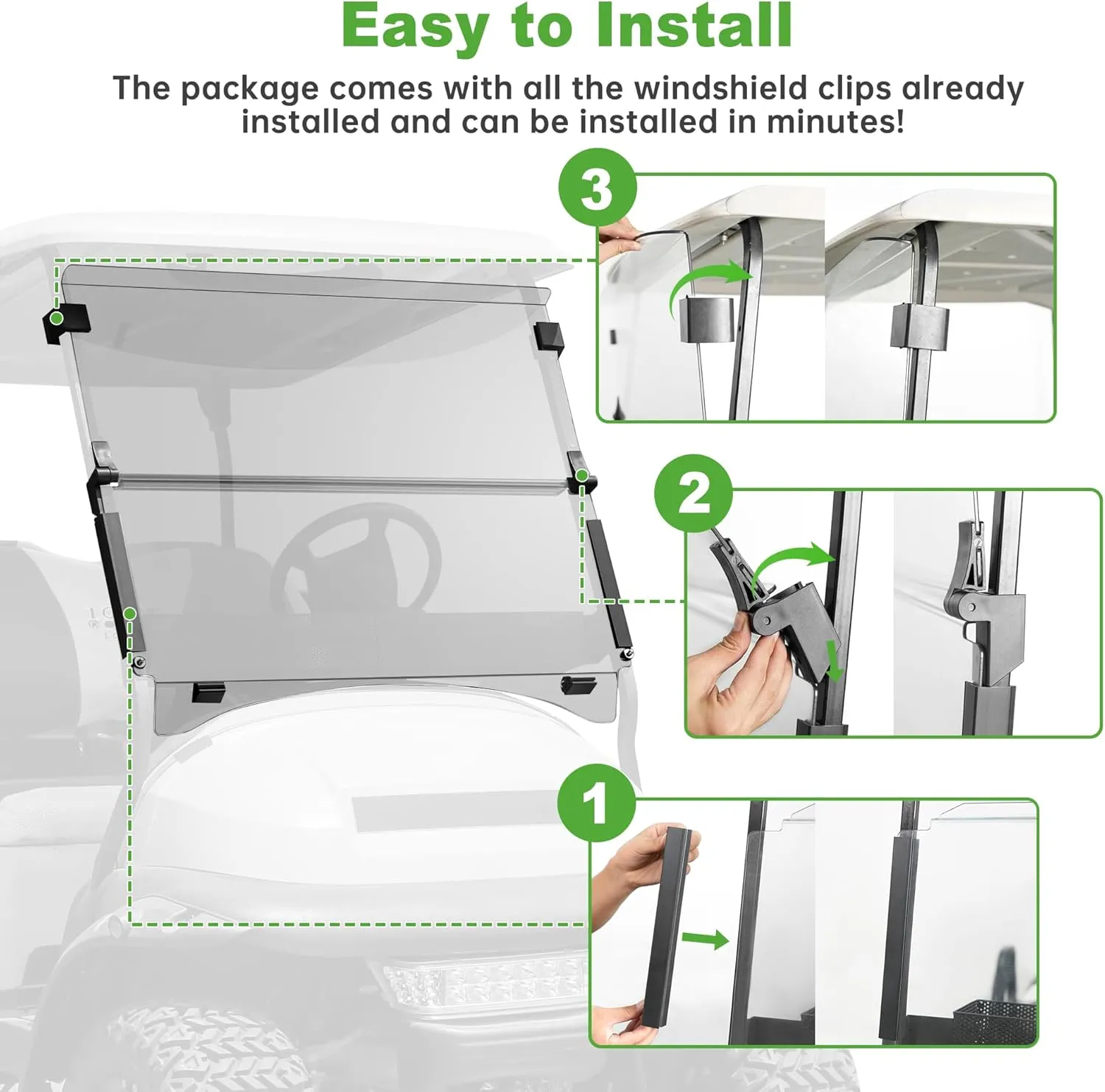 10L0L Golf Cart Windshield for Club Car Precedent 2004-Up, Tempo, 2017-Up Onward, Clear/Tinted Fold Down Club Car Windshield Anti-UV Impact Resistant - 37.5"W X 33.6"H