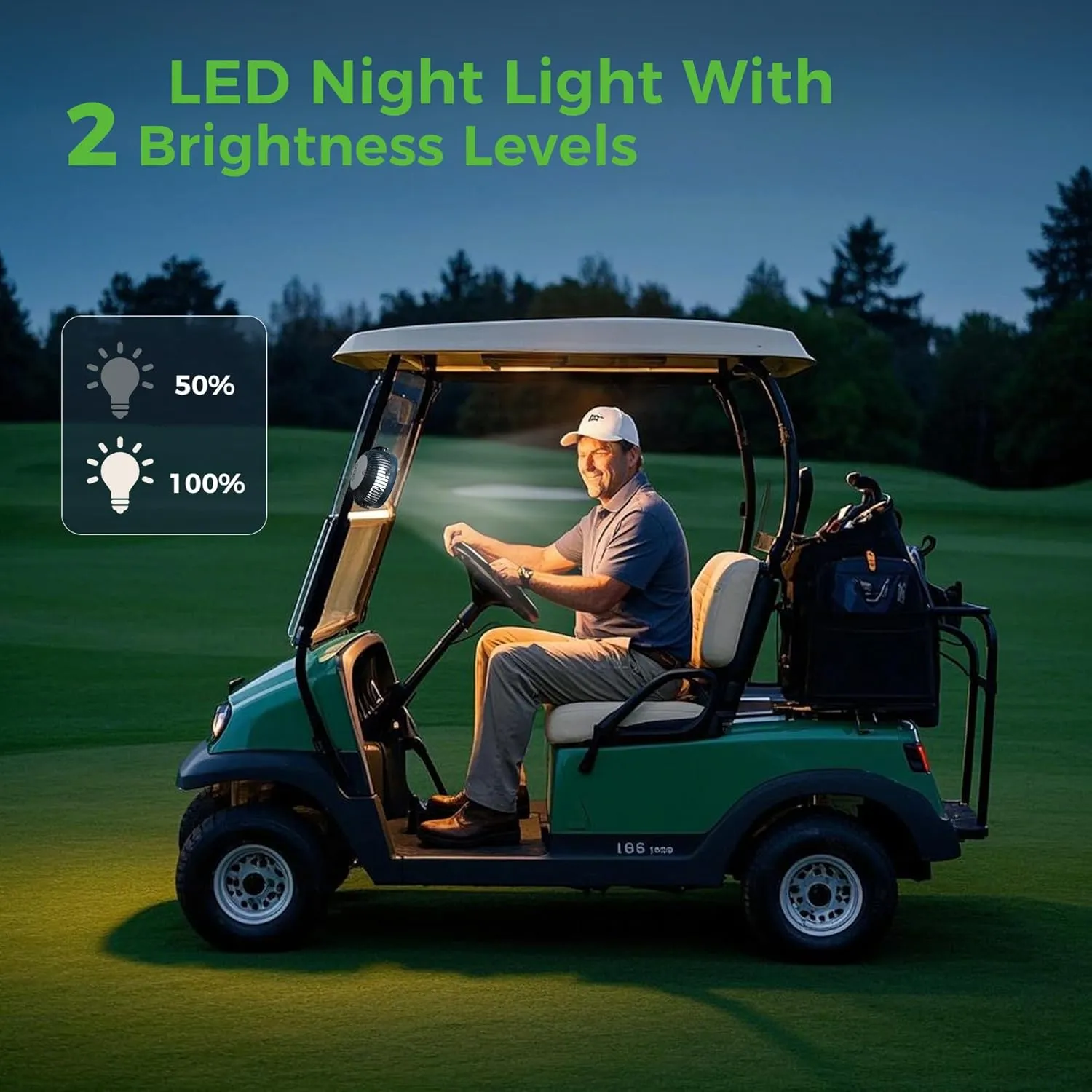 10L0L Rechargeable Golf Cart Fans - 60Hrs Runtime Big Battery Operated Portable Fan 360° Rotatable Head, Fits EZGO/Club Car/Yamaha Golf Cart with LED Light