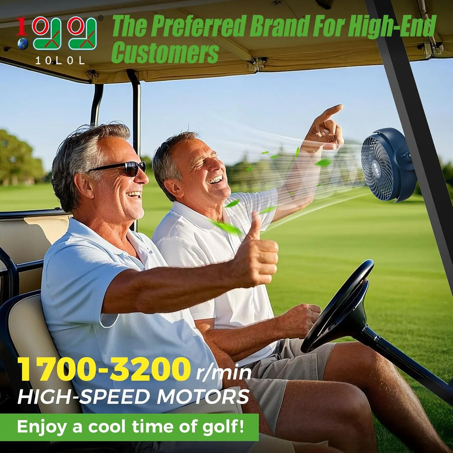 10L0L Rechargeable Golf Cart Fans - 60Hrs Runtime Big Battery Operated Portable Fan 360° Rotatable Head, Fits EZGO/Club Car/Yamaha Golf Cart with LED Light