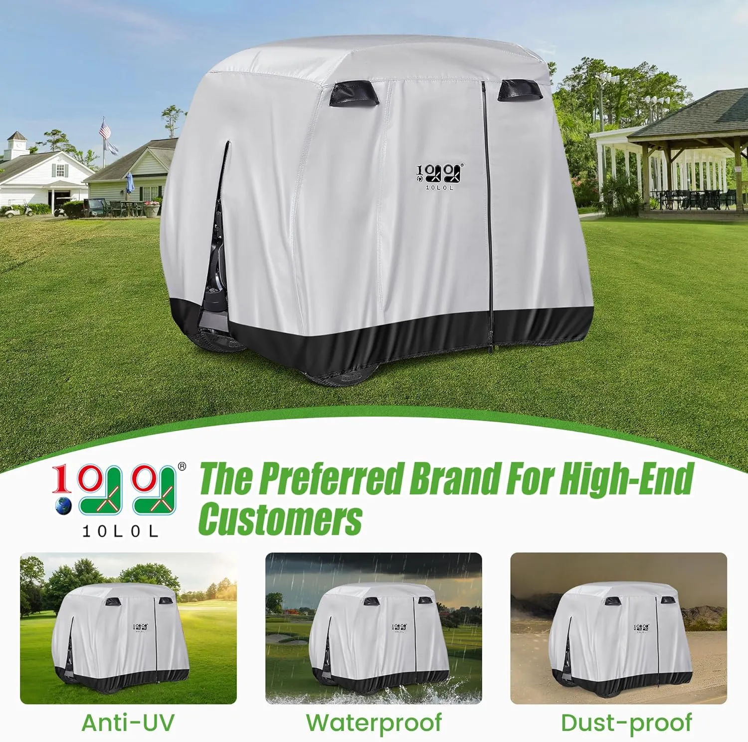 10L0L Waterproof Golf Cart Cover, Universal Fit for Yamaha, EZGO, Club Car & Honda, All-Weather 2/4/2 2 Passenger Protection with Three Zipper Doors