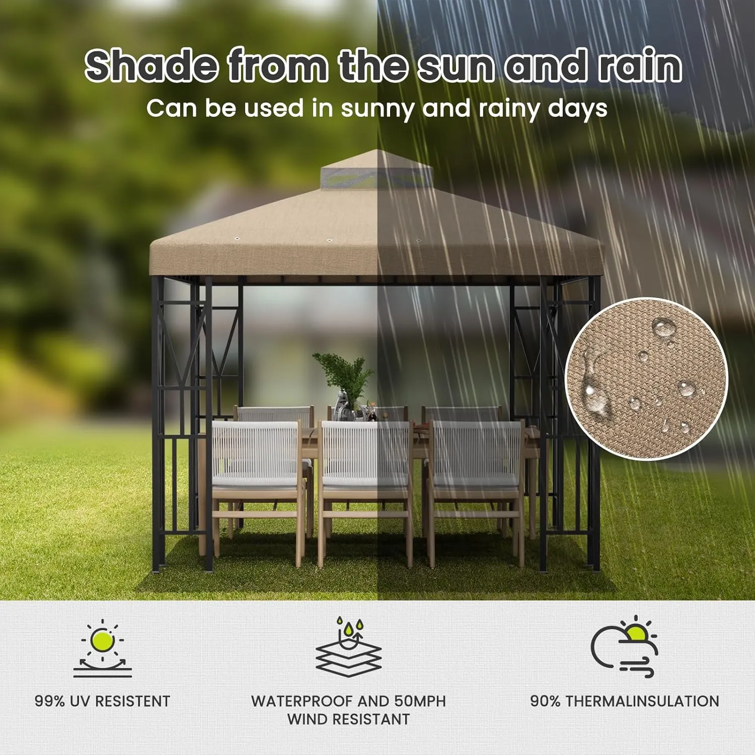 10x10 FT Gazebo Canopy Top Replacement，Double Tiered Canopy Covers with Durable Polyester Fabric for Outdoor BBQ Roof Cover (Khaki)