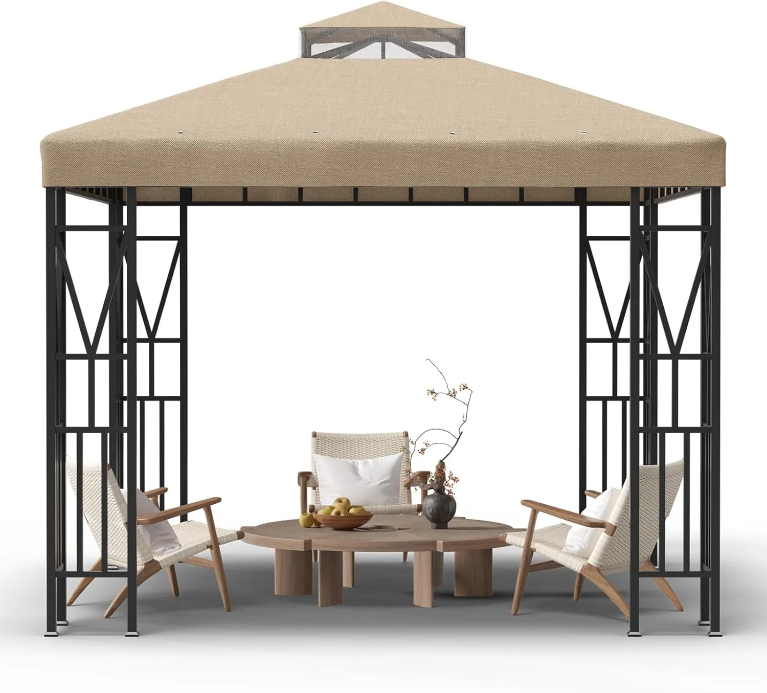 10x10 FT Gazebo Canopy Top Replacement，Double Tiered Canopy Covers with Durable Polyester Fabric for Outdoor BBQ Roof Cover (Khaki)
