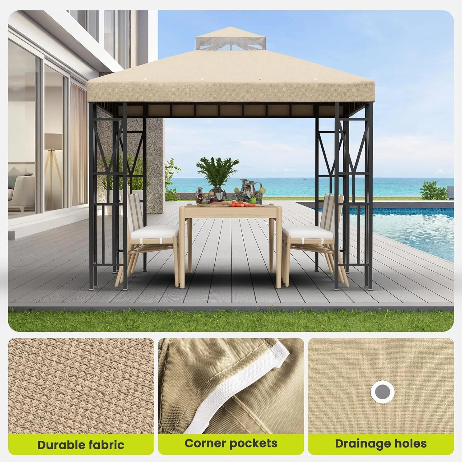 10x10 FT Gazebo Canopy Top Replacement，Double Tiered Canopy Covers with Durable Polyester Fabric for Outdoor BBQ Roof Cover (Khaki)