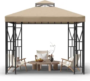 10x10 FT Gazebo Canopy Top Replacement，Double Tiered Canopy Covers with Durable Polyester Fabric for Outdoor BBQ Roof Cover (Khaki)
