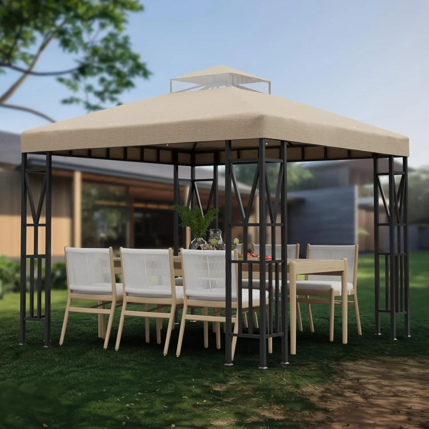 10x10 FT Gazebo Canopy Top Replacement，Double Tiered Canopy Covers with Durable Polyester Fabric for Outdoor BBQ Roof Cover (Khaki)