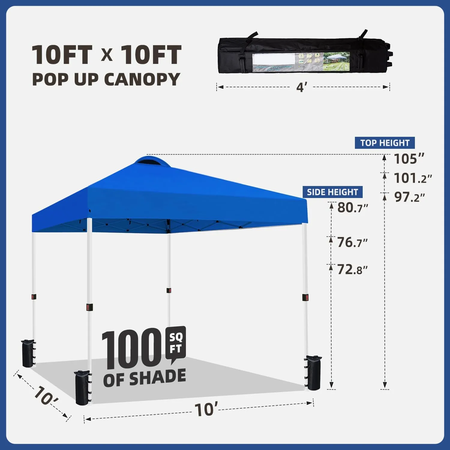 10x10 Heavy Duty Pop up Commercial Canopy Tent Instant Sun Shelter with Roller Bag, Bonus 8 Stakes and 4 Ropes, Blue