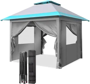 10'x10' Outdoor Canopy Tent with 4 Sidewalls, Portable Grill Gazebo with Carrying Bag, Folding Shelter, 3-Height Adjustable Legs, Sun Shade for Lawn, Events, Patio, Commercial Use (Grey&Blue)
