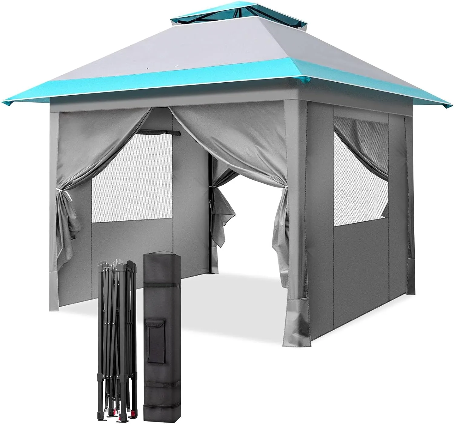 10'x10' Outdoor Canopy Tent with 4 Sidewalls, Portable Grill Gazebo with Carrying Bag, Folding Shelter, 3-Height Adjustable Legs, Sun Shade for Lawn, Events, Patio, Commercial Use (Grey&Blue)