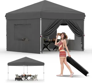 10x10 Pop Up Canopy Tent Outdoor Canopy with 4 Removable Sidewalls One-Person Set Up Heavy Duty Commercial Instant Tent Shelter-Gray