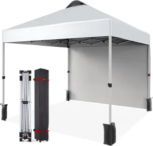 10x10 Pop-Up Canopy with 1 Side Wall,Outdoor Sun Shade for Events for，Features Wind Tunnel Design for Stabilit,Includes Wheeled Bag, 4 Canopy Sandbags, and 8 Tent Stakes,White