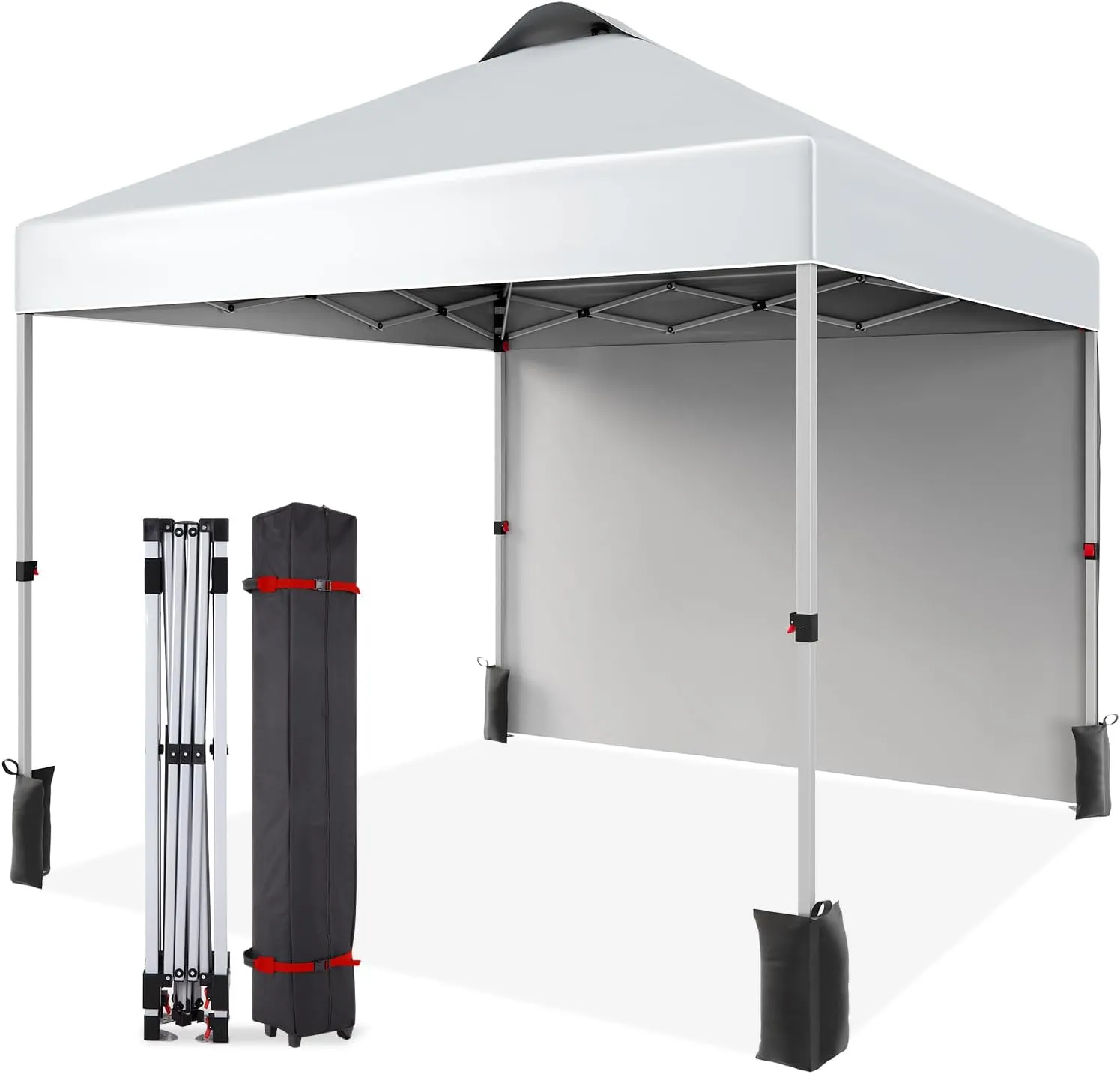 10x10 Pop-Up Canopy with 1 Side Wall,Outdoor Sun Shade for Events for，Features Wind Tunnel Design for Stabilit,Includes Wheeled Bag, 4 Canopy Sandbags, and 8 Tent Stakes,White