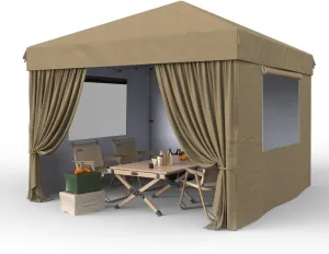 10x10 Pop Up Canopy with Removable 4 Sidewalls - Easy Up Camping Tent with One Button Push Setup - 1 Roller Bag, 3 Adjustable Height, 4 Weight Bags for Deck, Garden, Sports, Beach, Party - Khaki