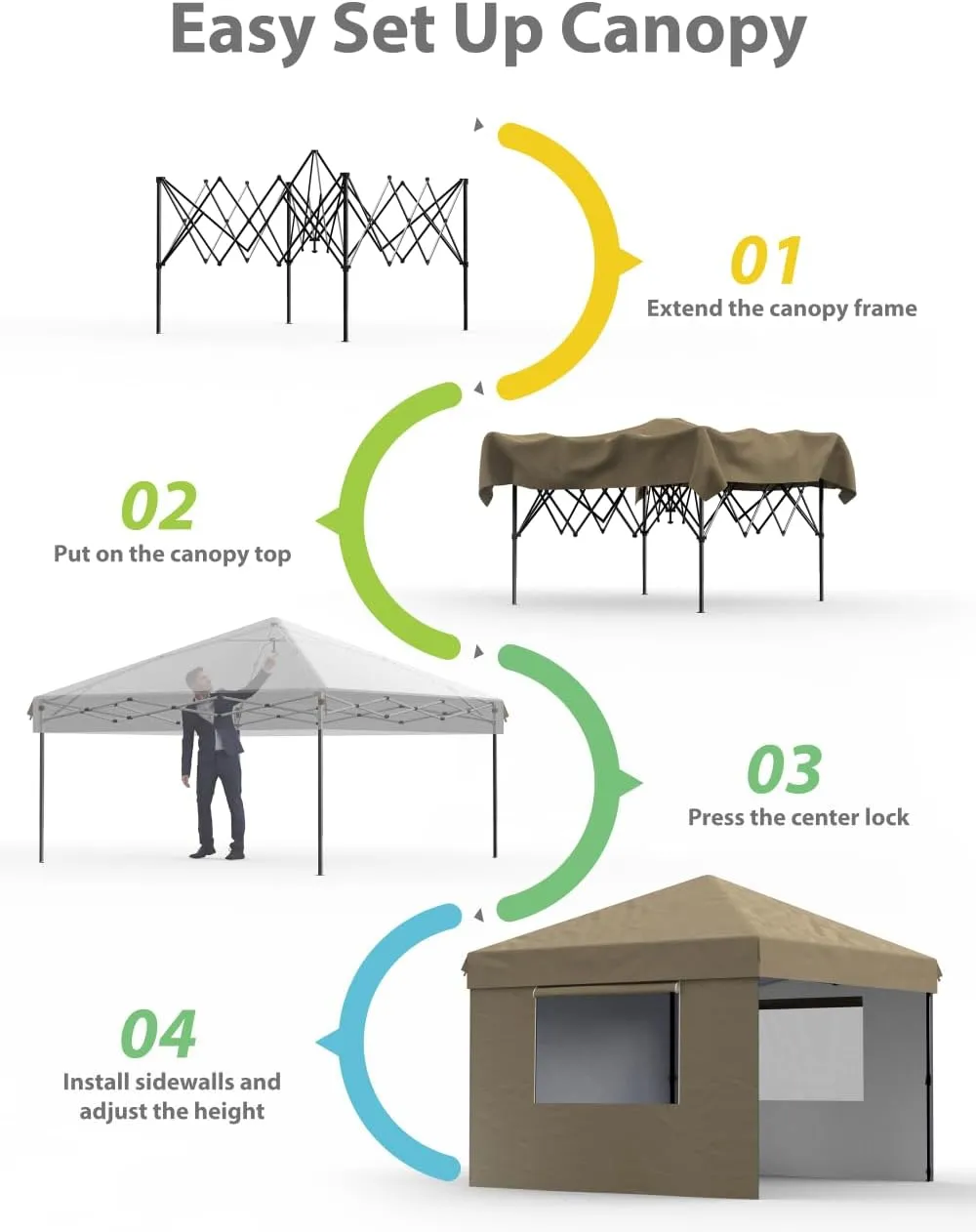 10x10 Pop Up Canopy with Removable 4 Sidewalls - Easy Up Camping Tent with One Button Push Setup - 1 Roller Bag, 3 Adjustable Height, 4 Weight Bags for Deck, Garden, Sports, Beach, Party - Khaki