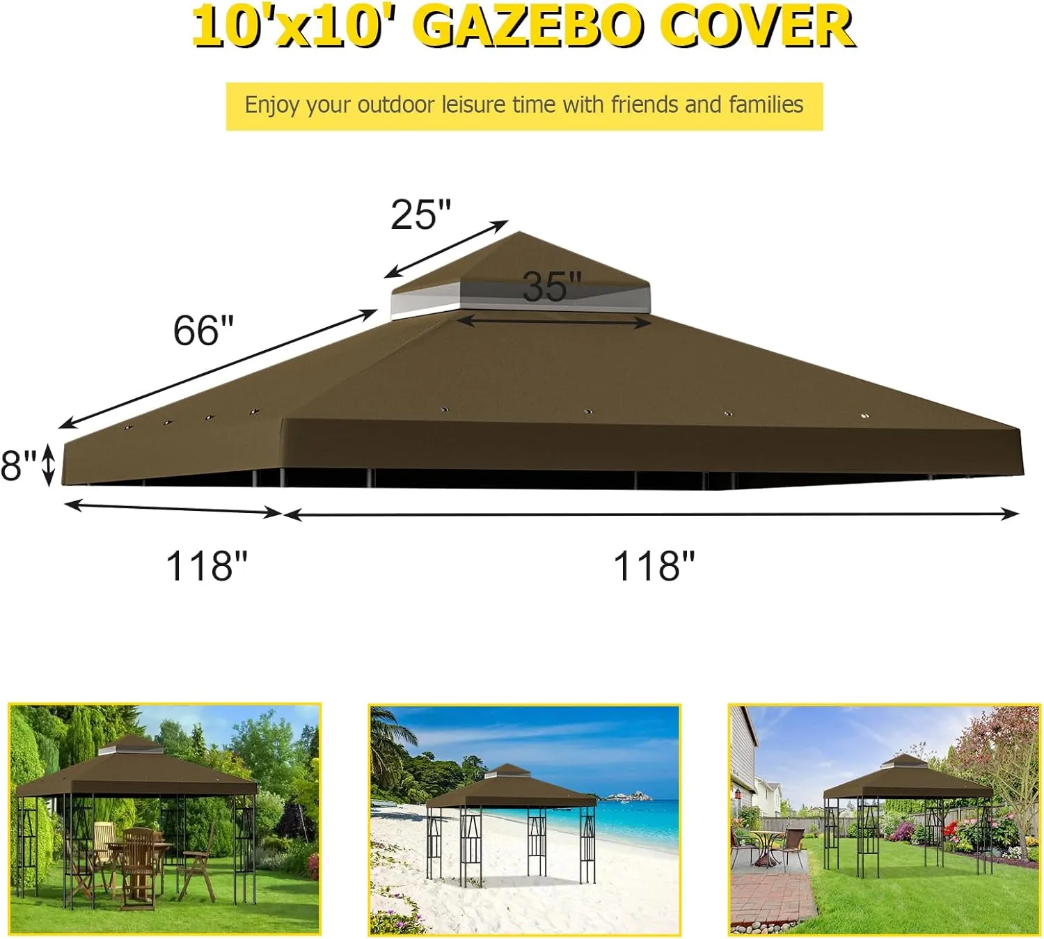 10'x10' Replacement Canopy Top Cover Only for Gazebo, Double Tiered Gazebo Covers for Outdoor Patio Garden Canopy Upgraded 2025 (Brown)