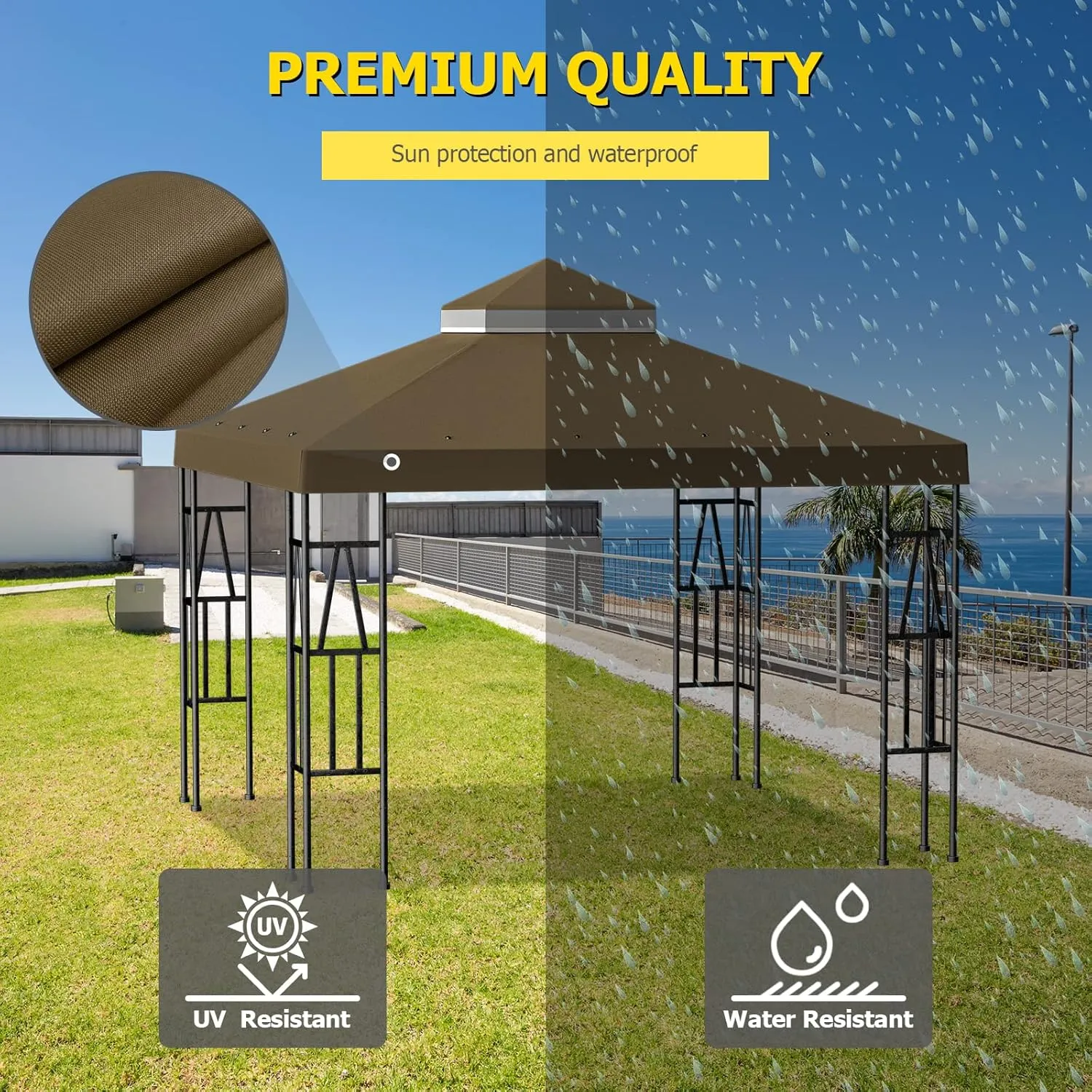 10'x10' Replacement Canopy Top Cover Only for Gazebo, Double Tiered Gazebo Covers for Outdoor Patio Garden Canopy Upgraded 2025 (Brown)