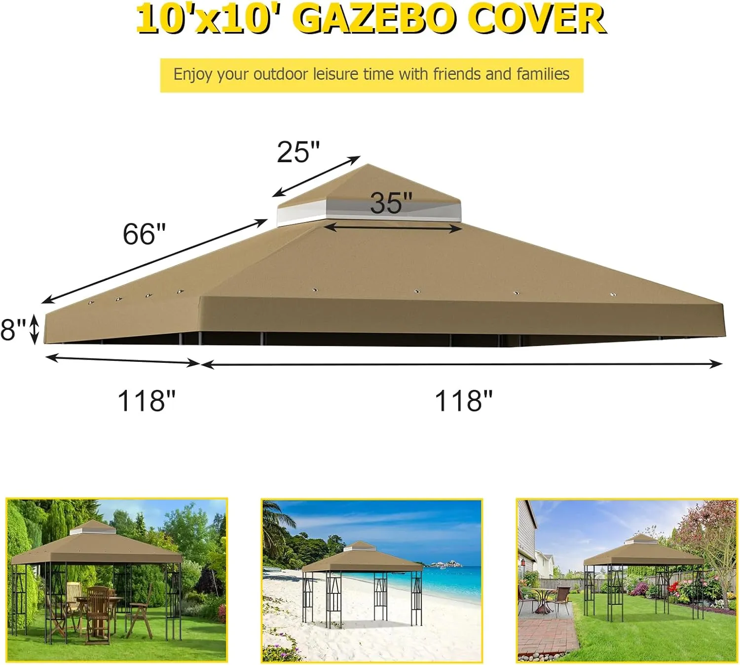 10'x10' Replacement Canopy Top Cover Only for Gazebo, Double Tiered Gazebo Covers for Outdoor Patio Garden Canopy Upgraded 2025 (Khaki)