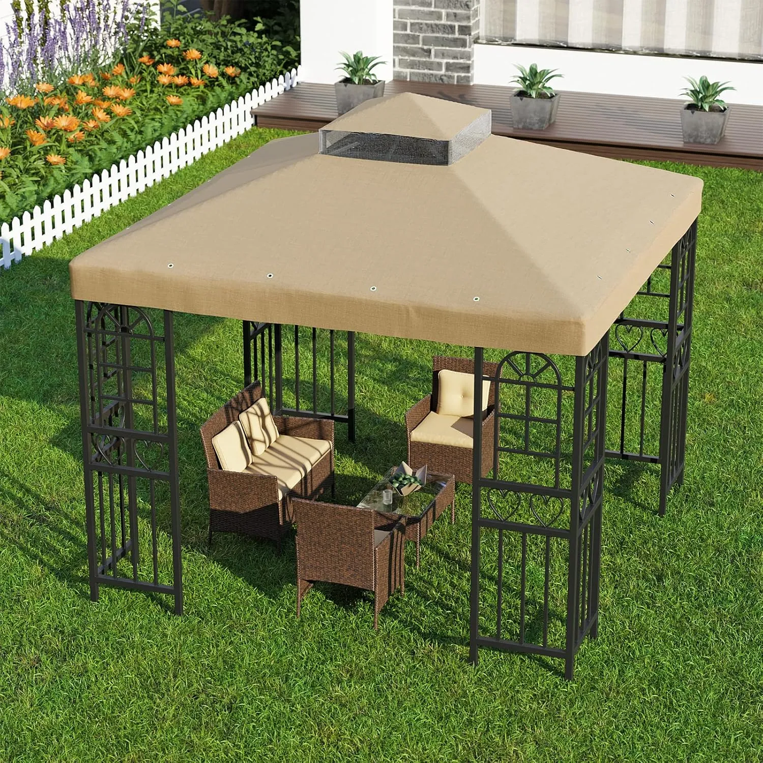 10'x10' Replacement Canopy Top Cover Only for Gazebo, Double Tiered Gazebo Covers for Outdoor Patio Garden Canopy Upgraded 2025 (Khaki)