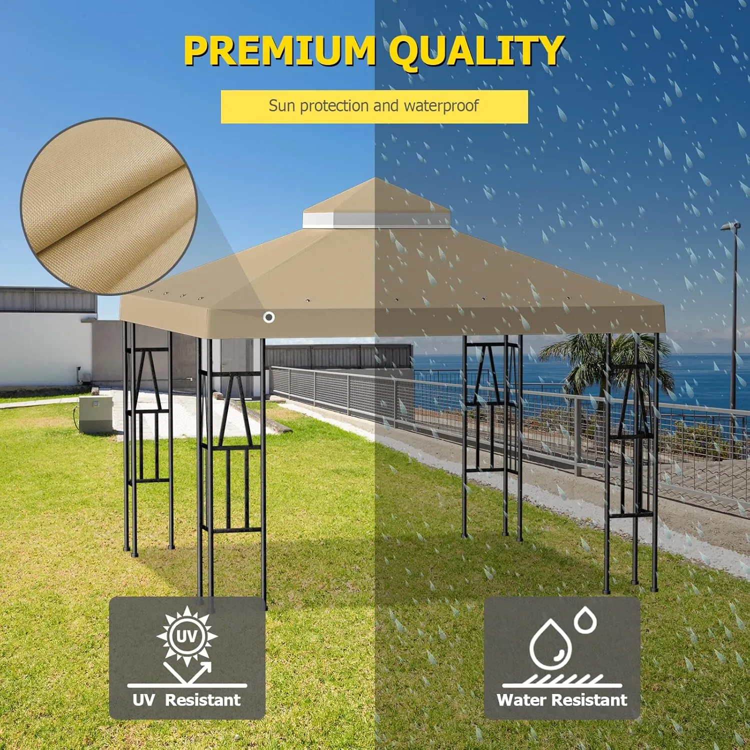 10'x10' Replacement Canopy Top Cover Only for Gazebo, Double Tiered Gazebo Covers for Outdoor Patio Garden Canopy Upgraded 2025 (Khaki)